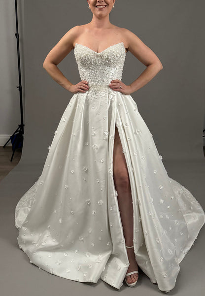 Strapless Pearl Beaded Wedding Dress with Slit