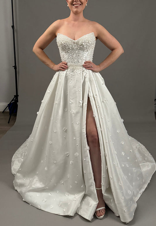 Strapless Pearl Beaded Wedding Dress with Slit