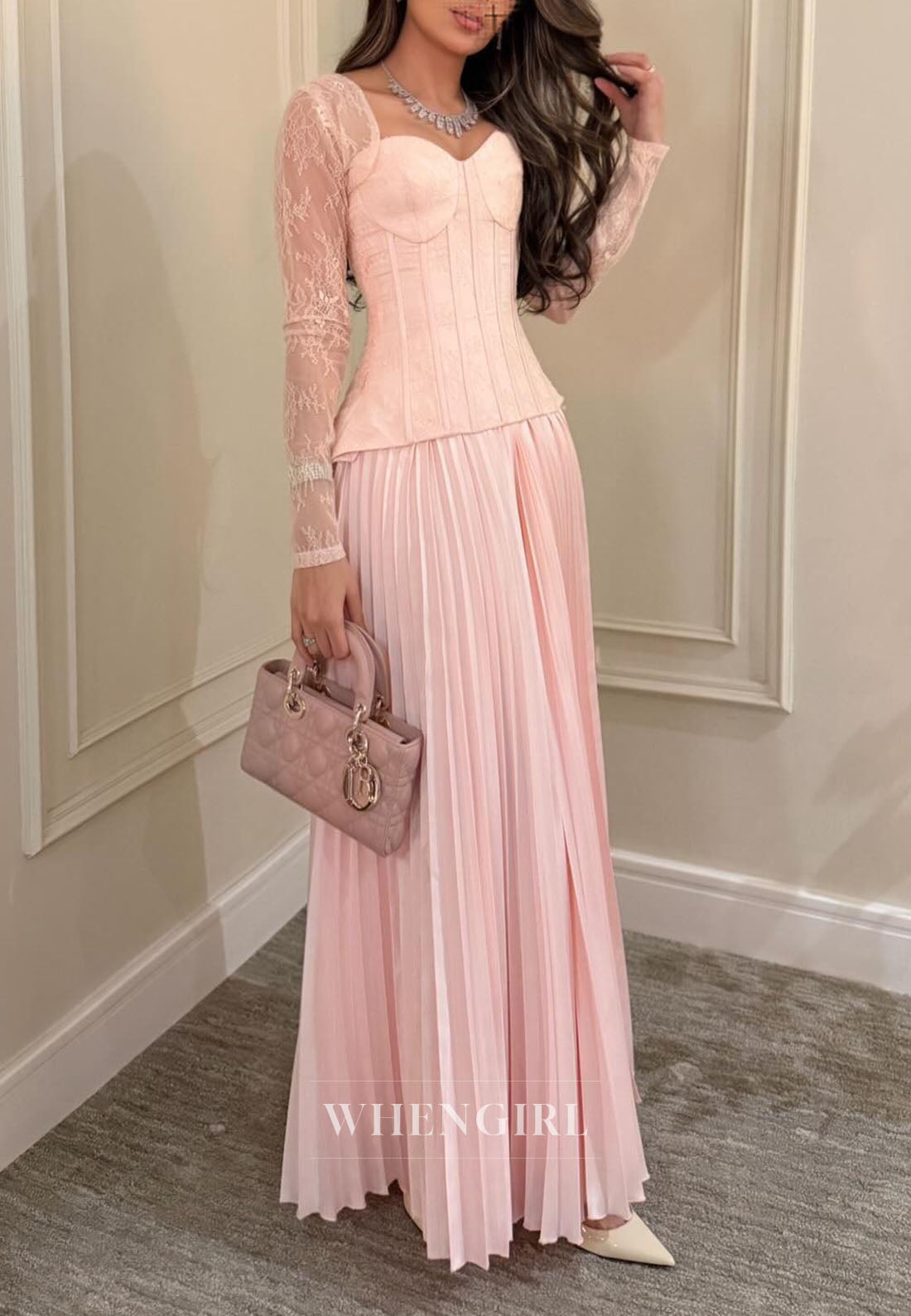 Pleated Maxi Dress with Lace Bodice and Sleeves