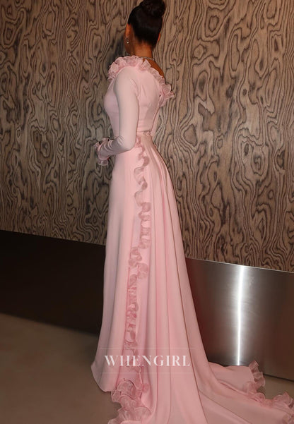 One Shoulder Long Sleeve Gown with Ruffle Train
