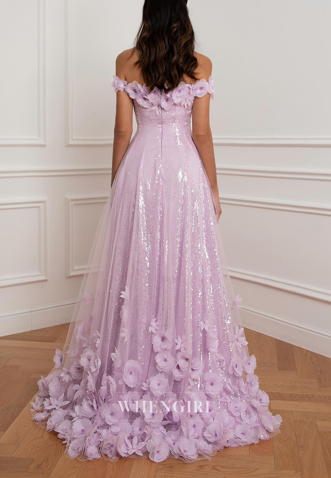 Sequin Off-the-Shoulder 3D Floral Gown