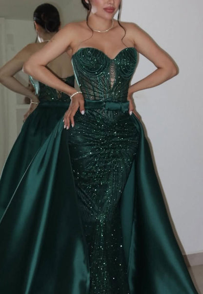 Strapless Sequin Mermaid Gown with Satin Overskirt