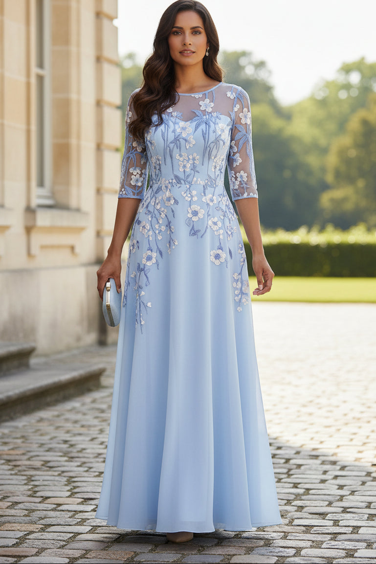 Floral Embroidered Illusion Sleeve A-Line Evening Gown