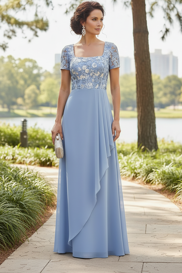 Square Neck Embroidered Chiffon A-Line Gown