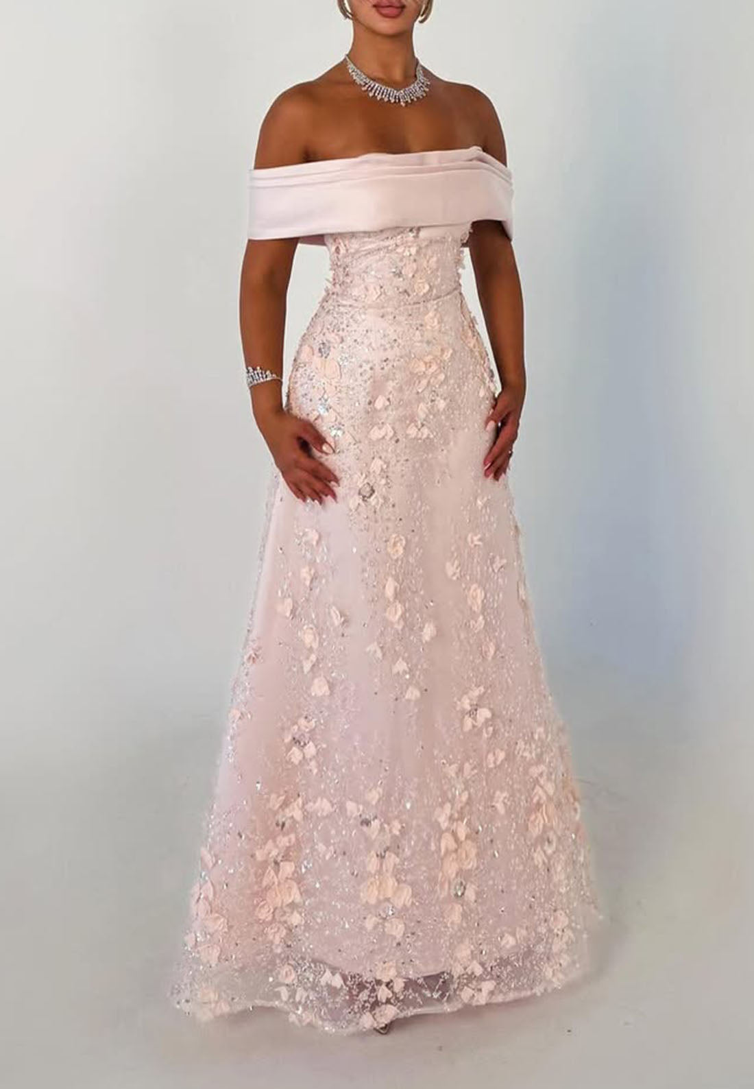 Off-the-Shoulder 3D Floral Sequin Evening Gown
