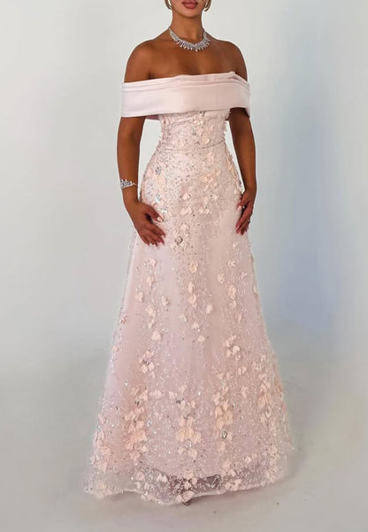 Off-the-Shoulder 3D Floral Sequin Evening Gown