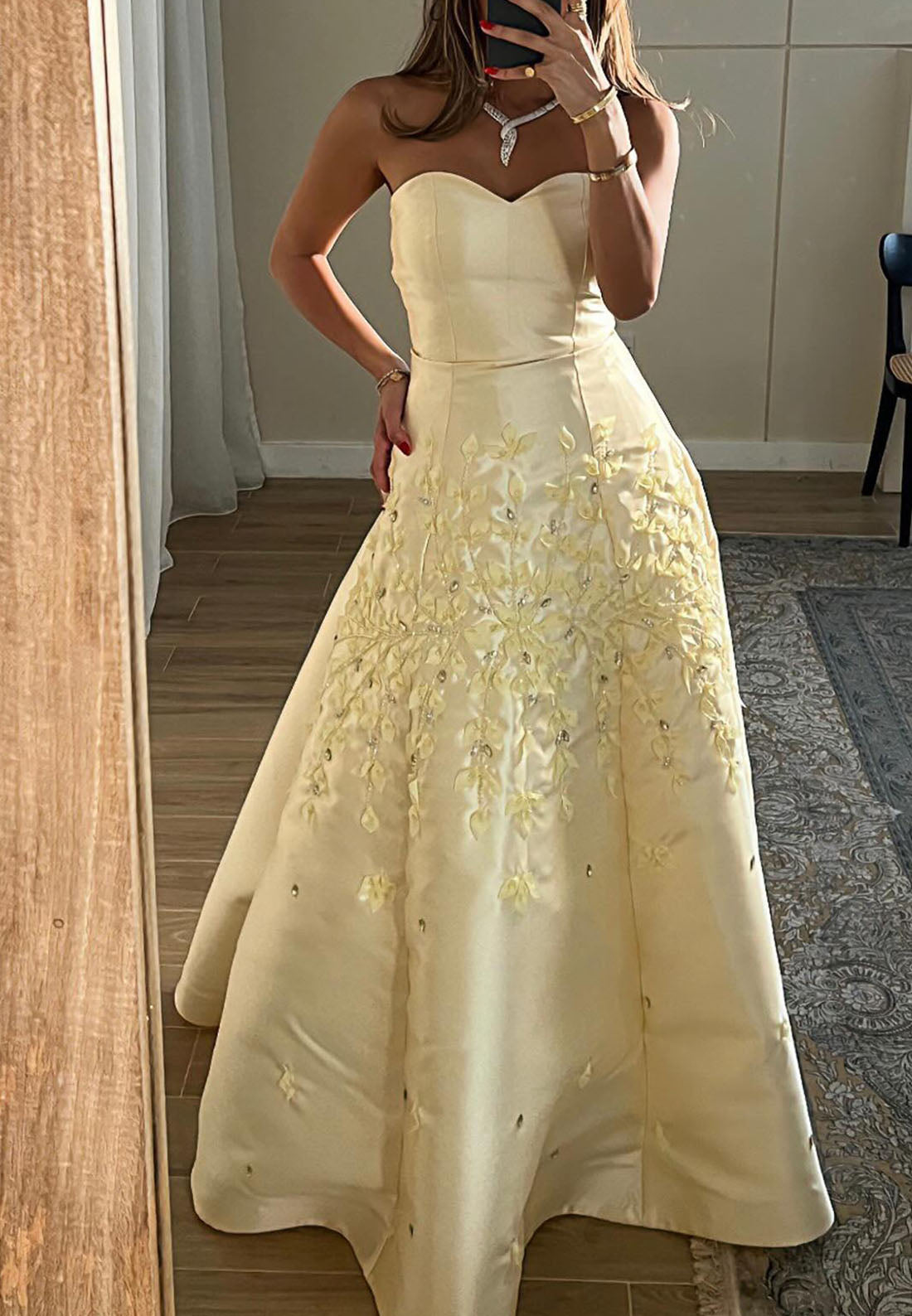 Strapless A-Line Gown with 3D Leaf Appliques