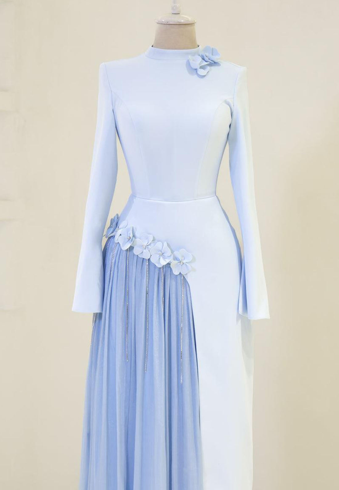 High Neck Maxi Dress with Pleated Inset & 3D Flowers
