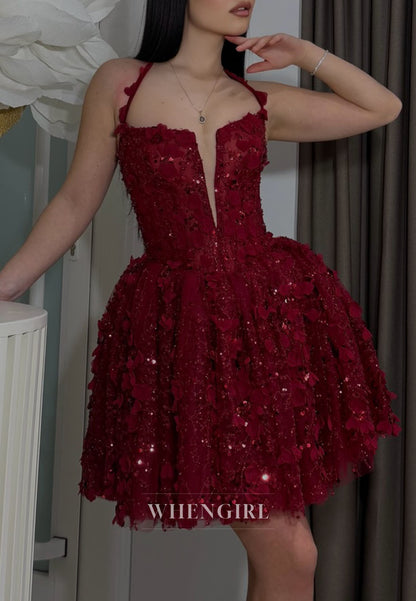 Halter Neck 3D Floral Corset Mini Dress