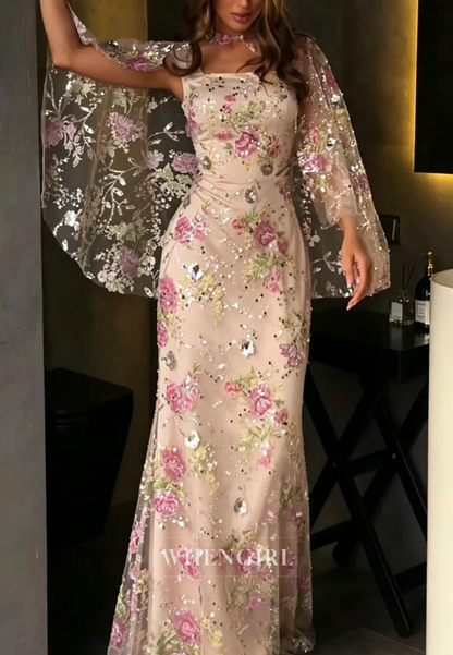 Floral Embroidered Sequin Cape Evening Gown