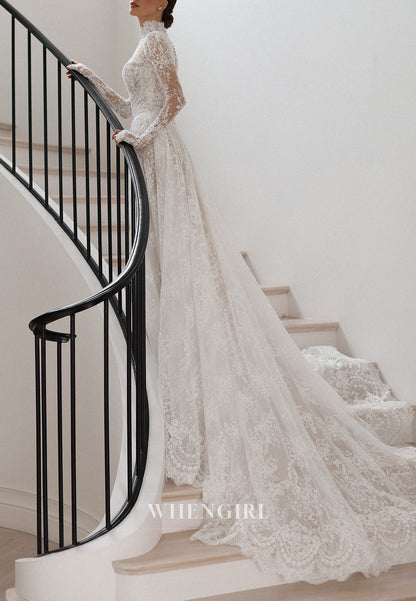 High Neck Lace Wedding Dress with Long Sleeves