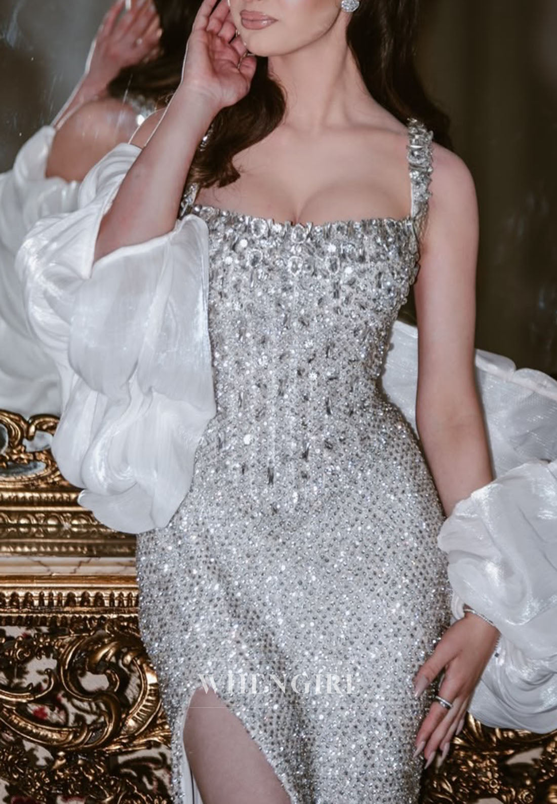 Sequined Off-the-Shoulder Evening Gown with Slit