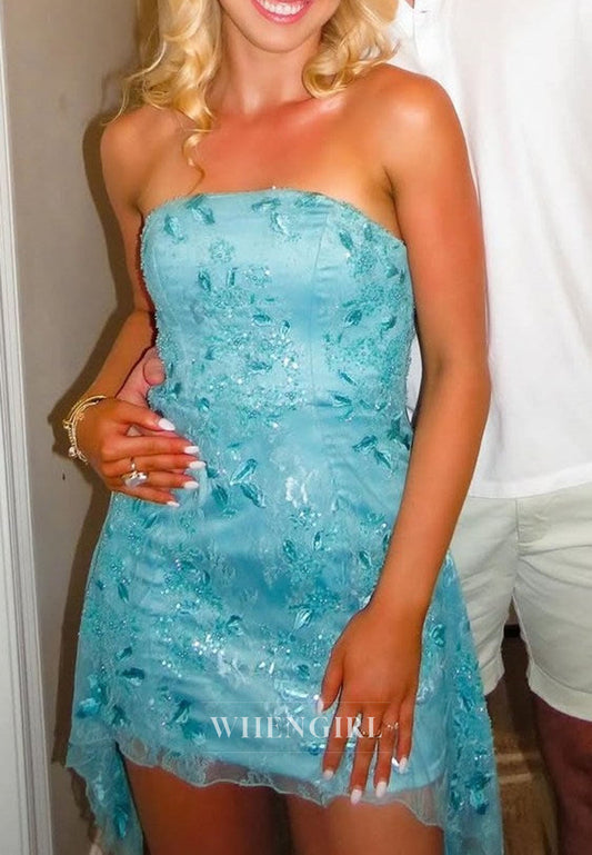 Strapless High-Low Mini Dress with Floral Lace Appliques