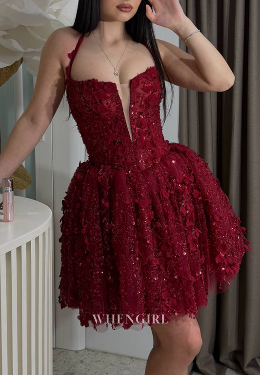 Halter Neck 3D Floral Corset Mini Dress