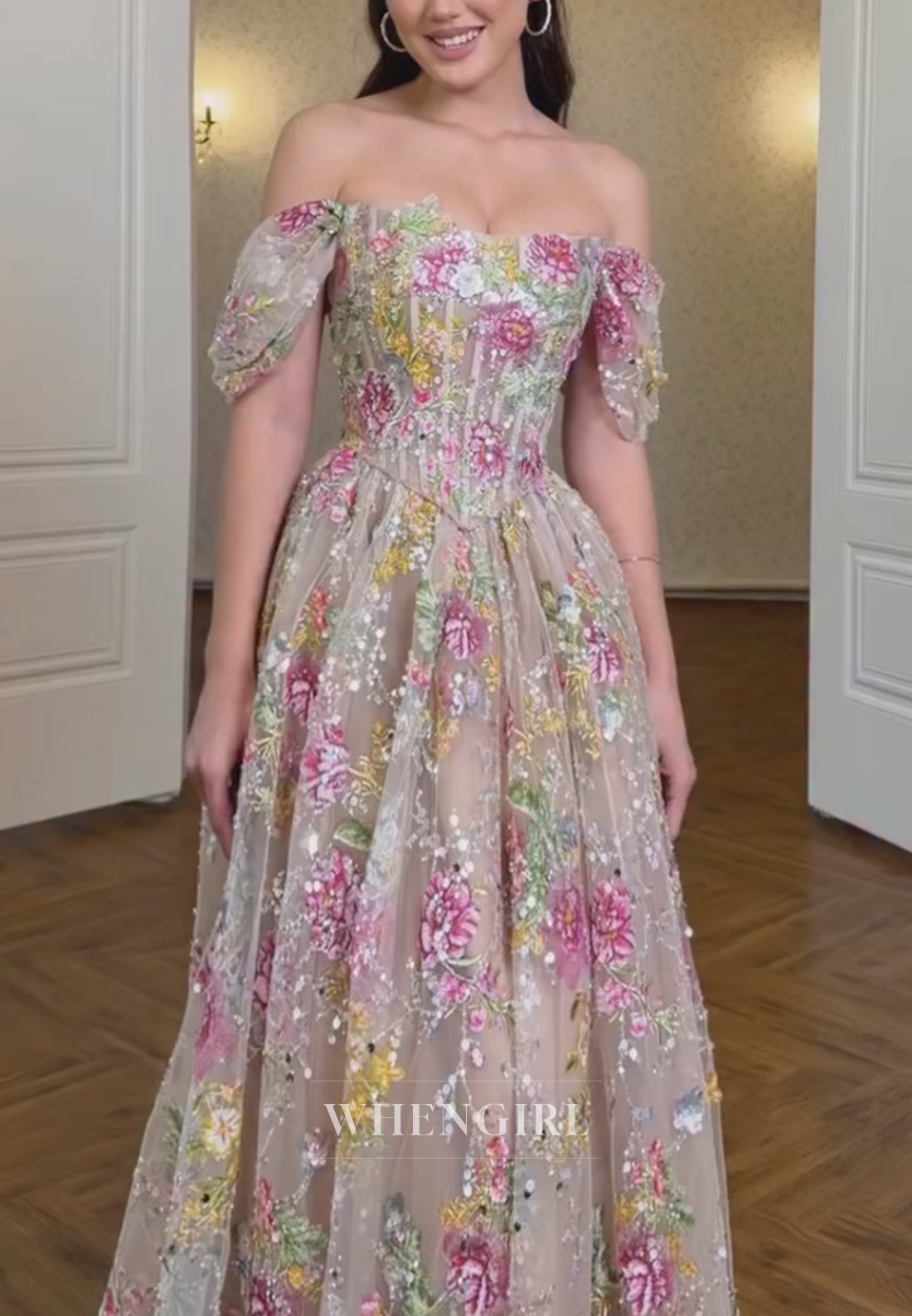 Off-the-Shoulder Floral Embroidered Corset A-Line Gown