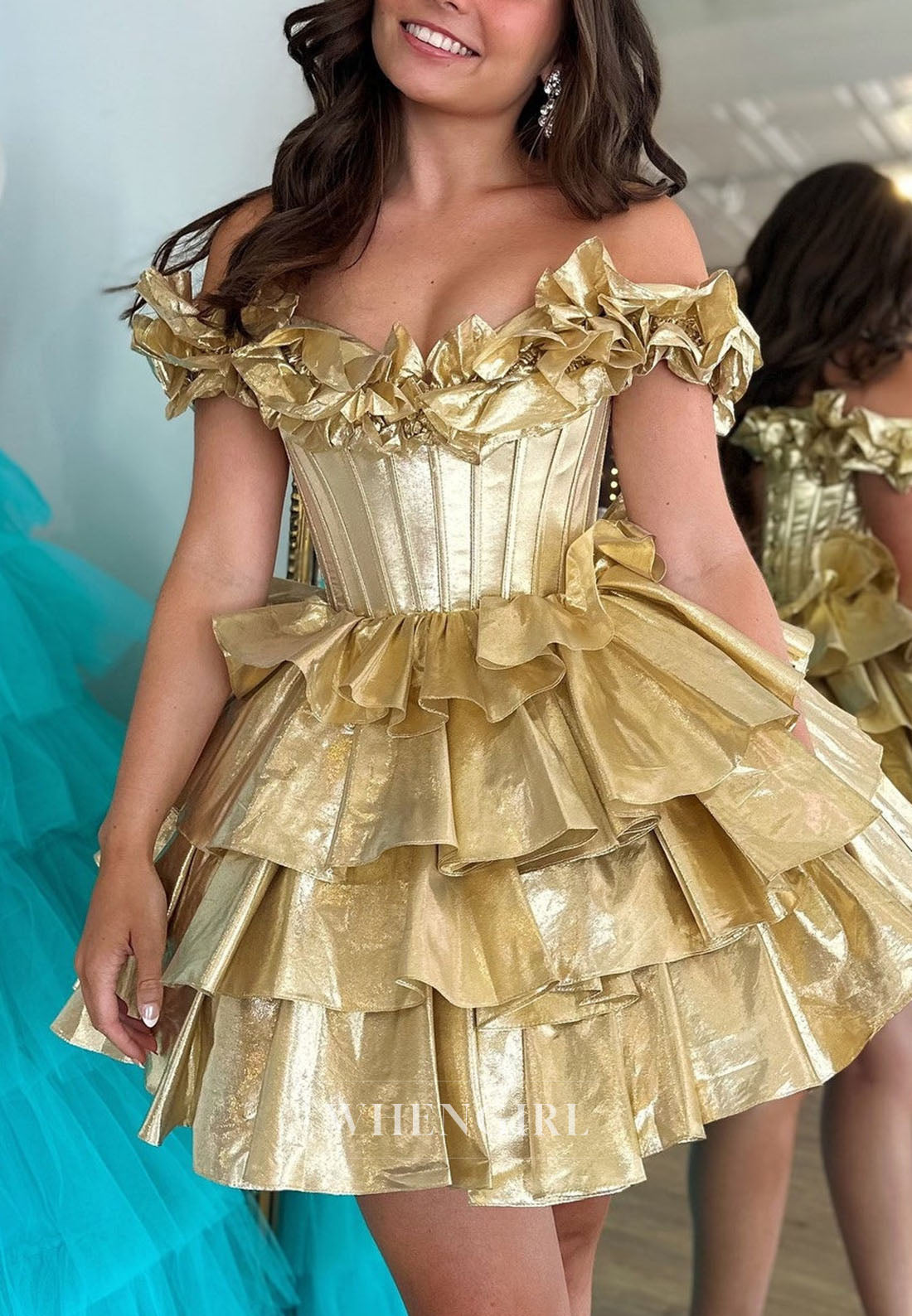 Off-the-Shoulder Corset Tiered Ruffle Mini Dress