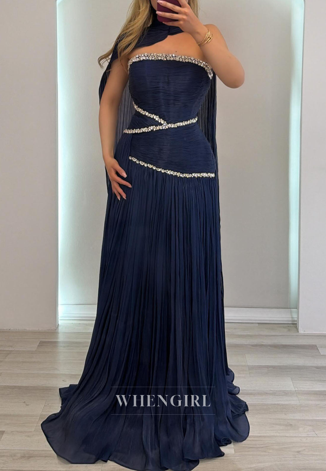 Pleated Chiffon Gown with Crystal Embellishments