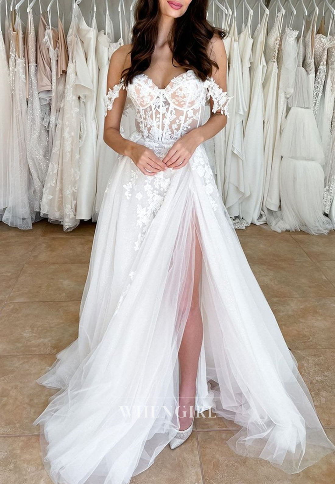 Corset Lace Wedding Dress with High Slit