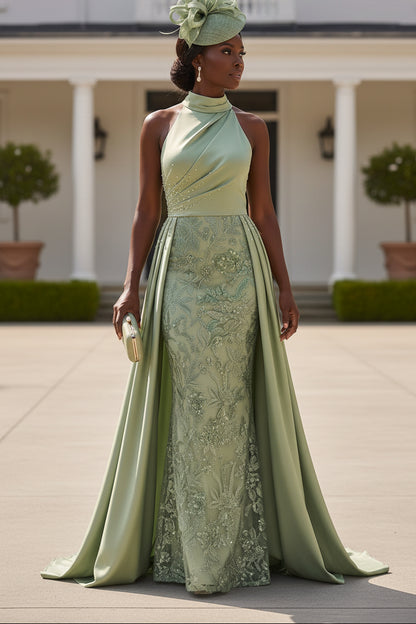 Halter High Neck Embroidered Evening Gown with Overskirt