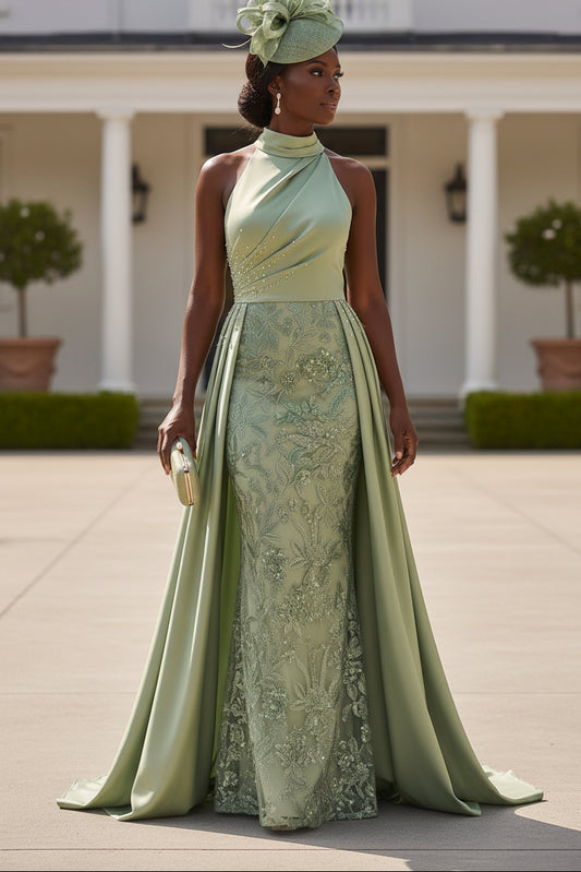 Halter High Neck Embroidered Evening Gown with Overskirt