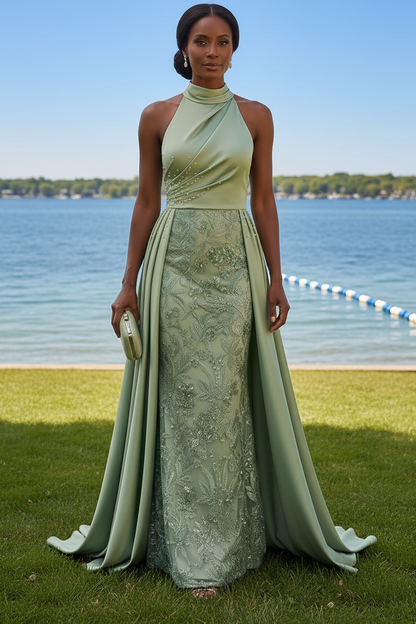 Halter High Neck Embroidered Evening Gown with Overskirt