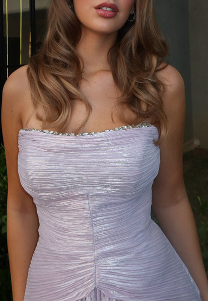 Strapless Metallic Shimmer Gown with Embellished Trim