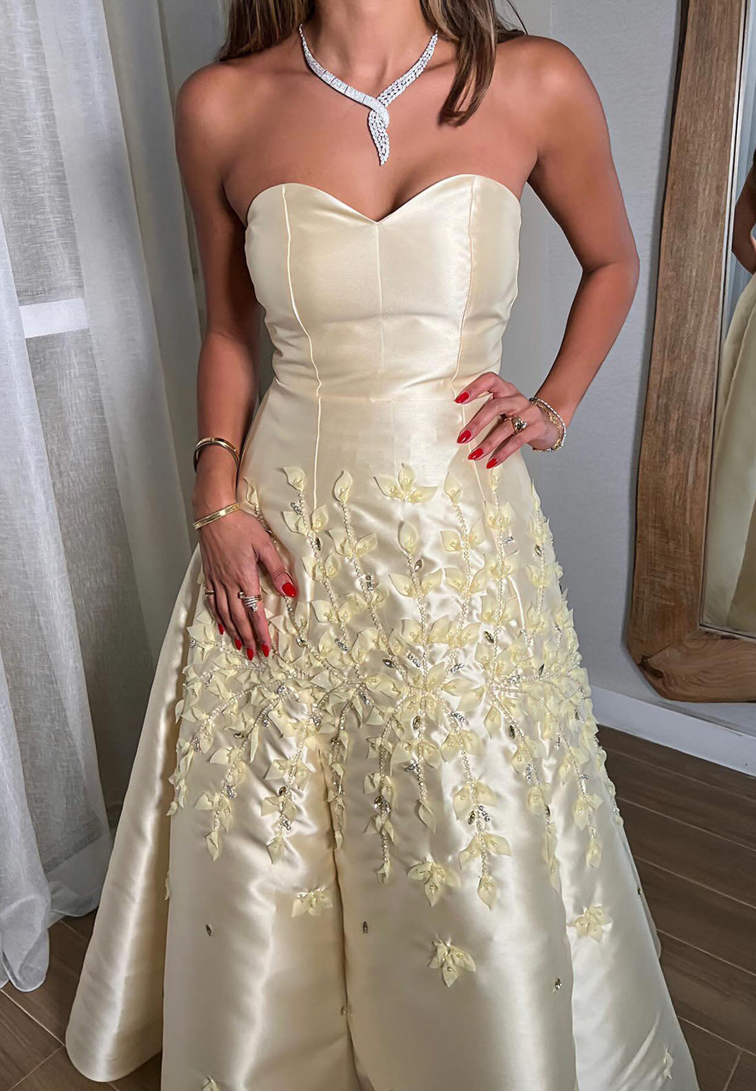 Strapless A-Line Gown with 3D Leaf Appliques