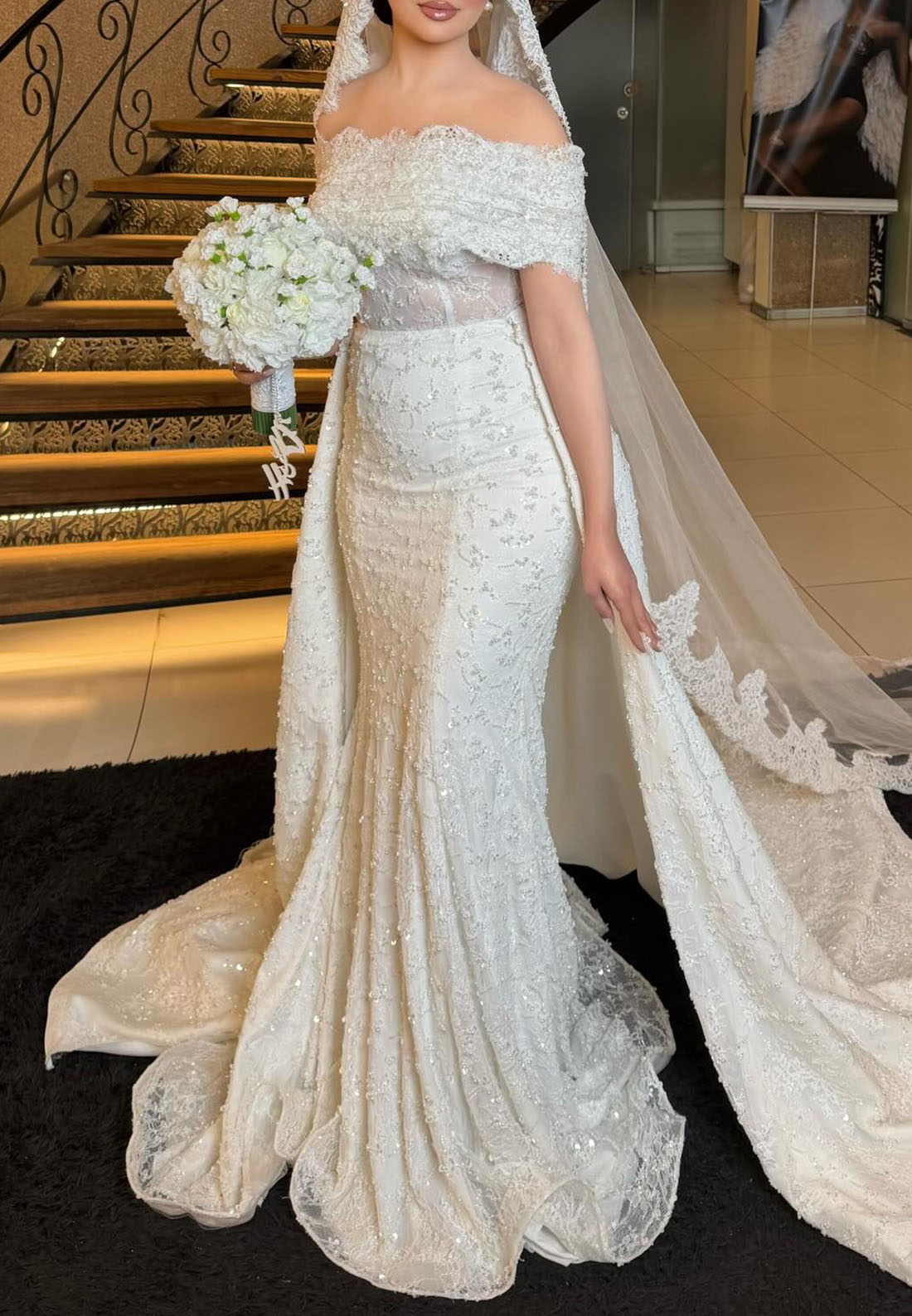Off-the-Shoulder Beaded Mermaid Wedding Dress