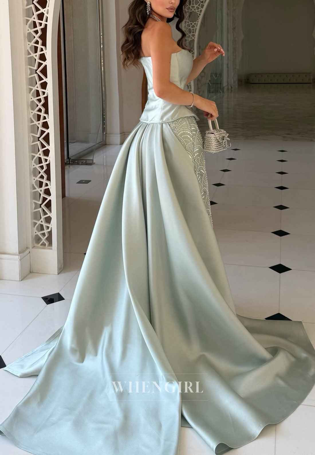 Strapless Satin Evening Gown with Sequin Skirt & Train