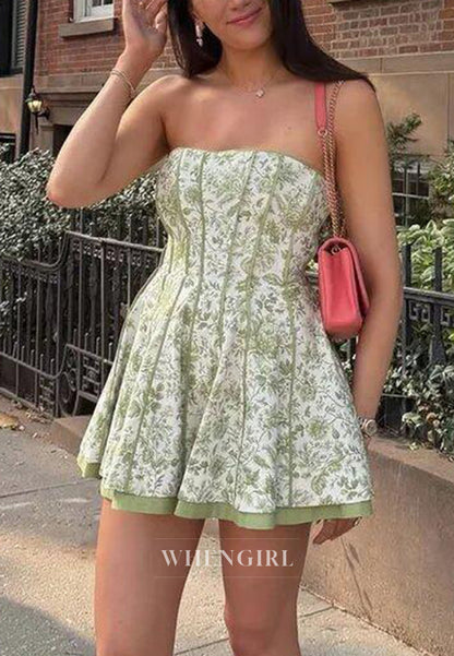 Strapless Floral Corset Mini Dress with Lace-Up