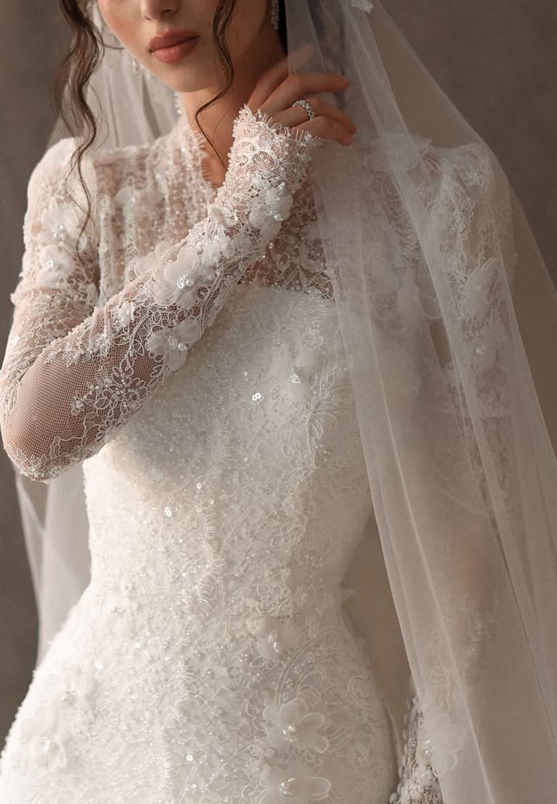 Lace High Neck Long Sleeve Wedding Dress