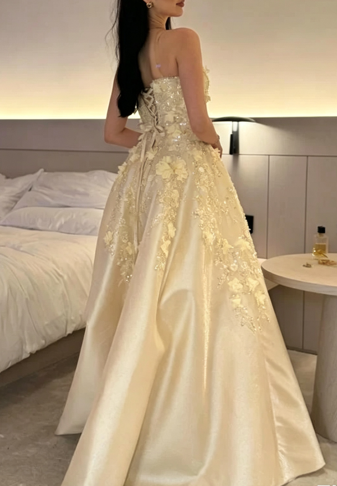 Floral Applique Ball Gown with Lace-Up Back