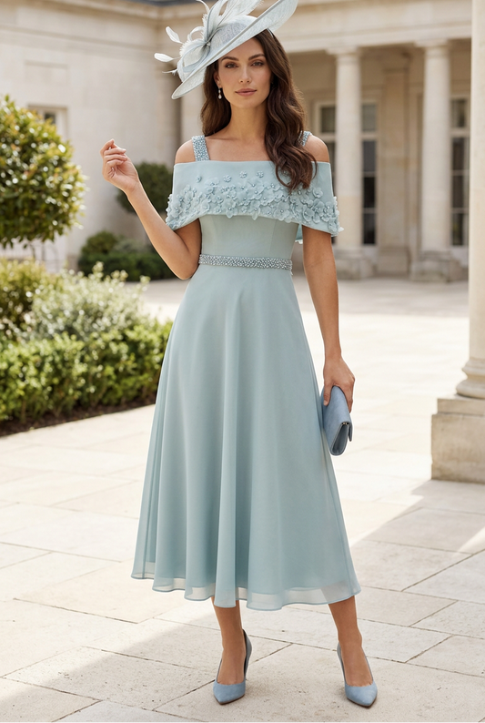 Cold-Shoulder Dress with 3D Floral Cape