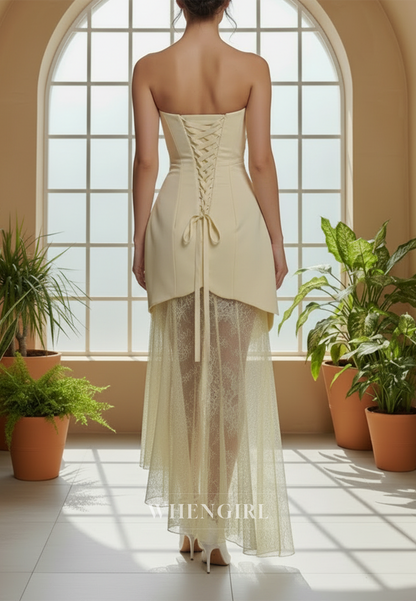 Strapless Scalloped Asymmetrical Lace Gown