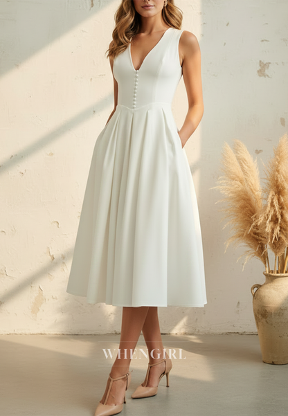 V-Neck Sleeveless Pleated Midi Dress with Pockets