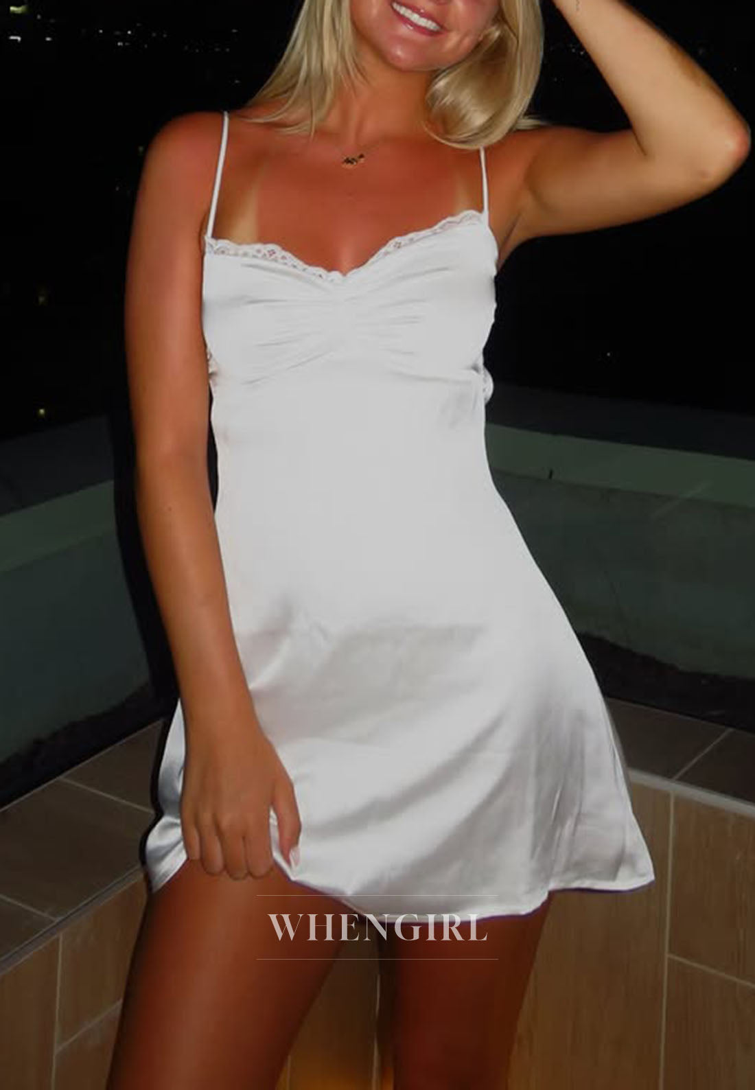 Satin Slip Mini Dress with Ruched Bust & Lace Back