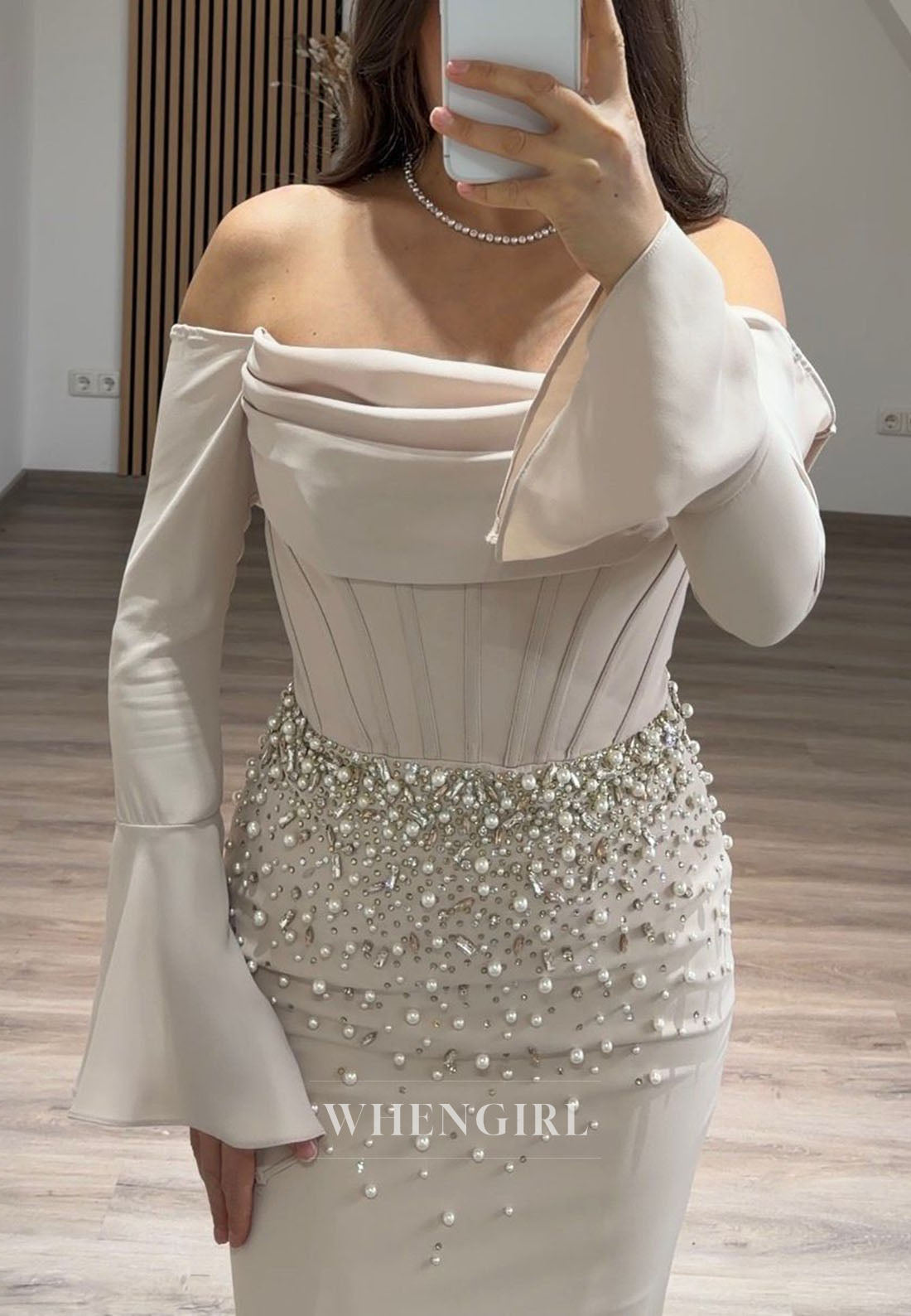 Off Shoulder Corset Mermaid Gown with Pearl Beading