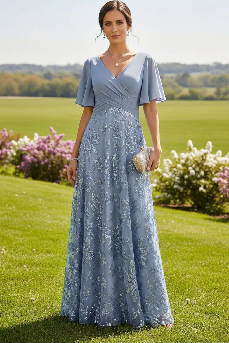 Embroidered Flutter Sleeve A-Line Gown