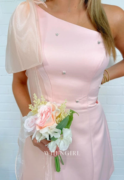 One-Shoulder Mini Dress with Organza Bow Train