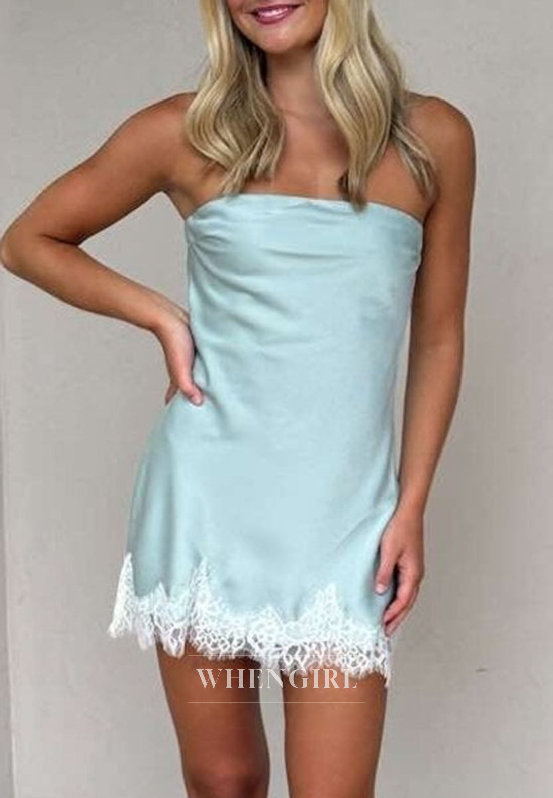 Strapless Satin Mini Dress with Lace Hem & Open Back