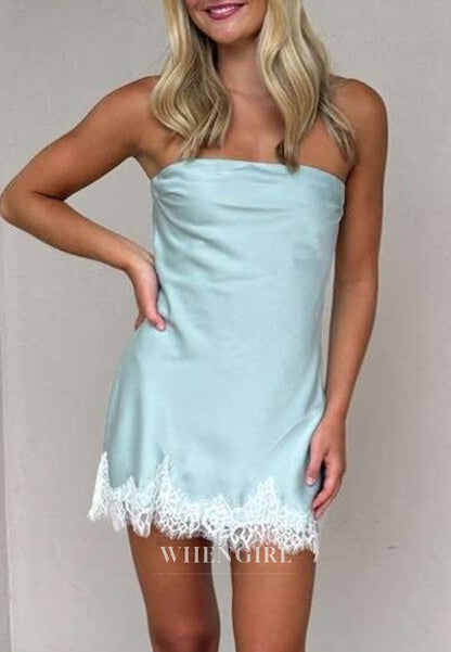 Strapless Satin Mini Dress with Lace Hem & Open Back