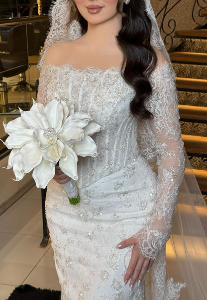 Off-the-Shoulder Beaded Lace Mermaid Bridal Gown