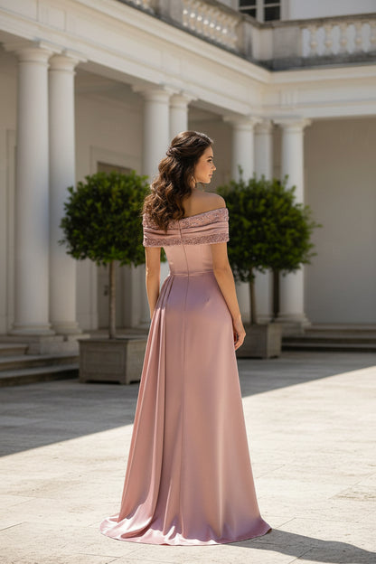 Off-the-Shoulder Beaded Satin Gown with High Slit