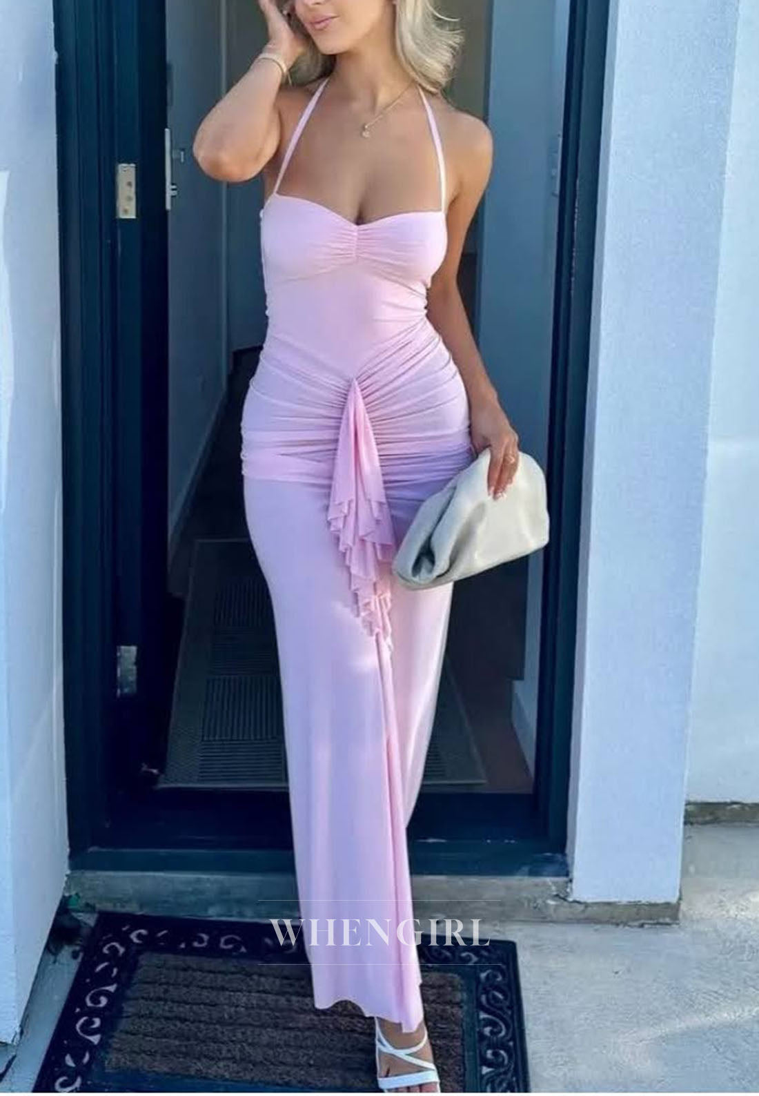 Halter Ruched Maxi Dress with Cascading Ruffle