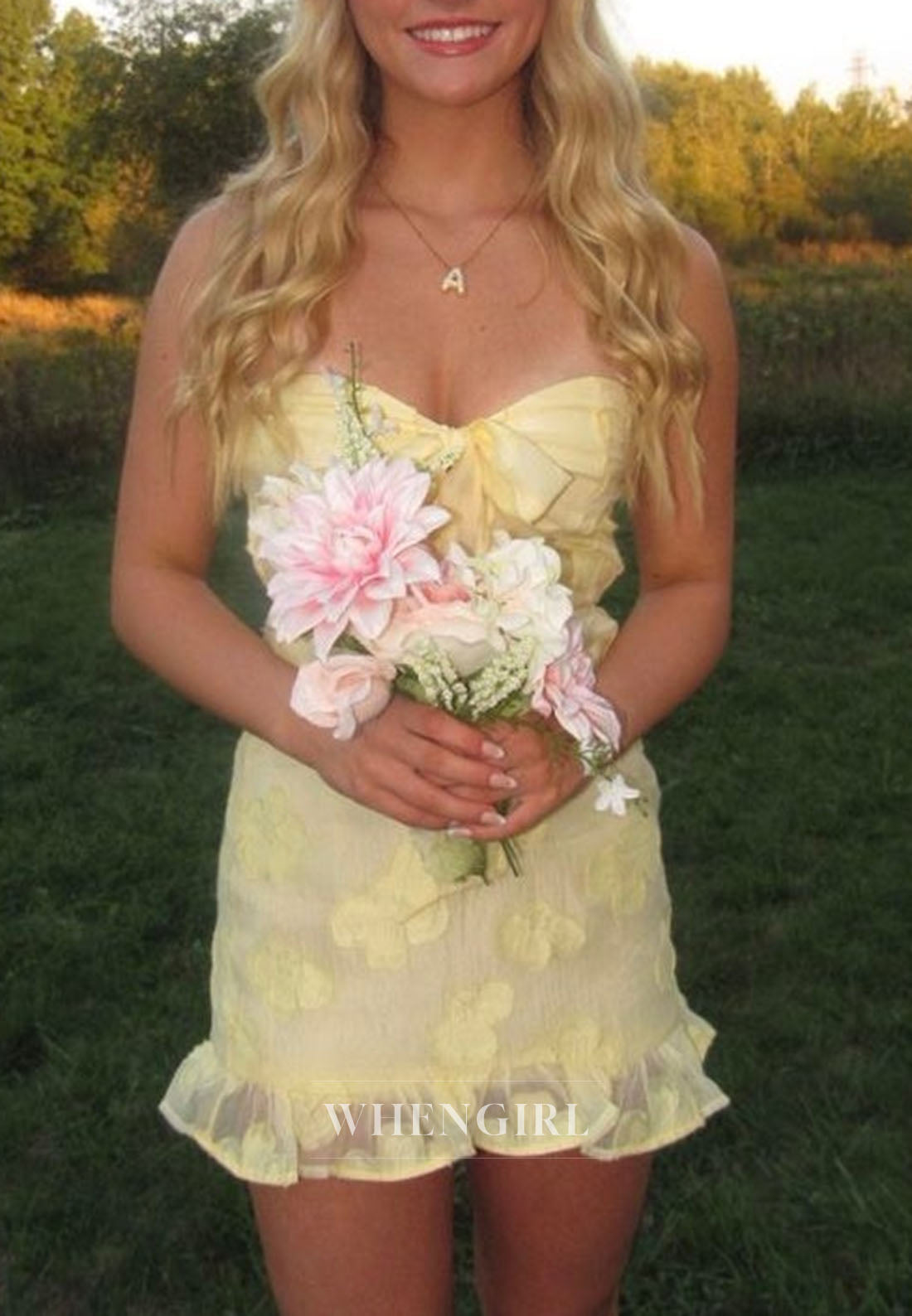 Strapless Floral Bow Mini Dress with Ruffle Hem