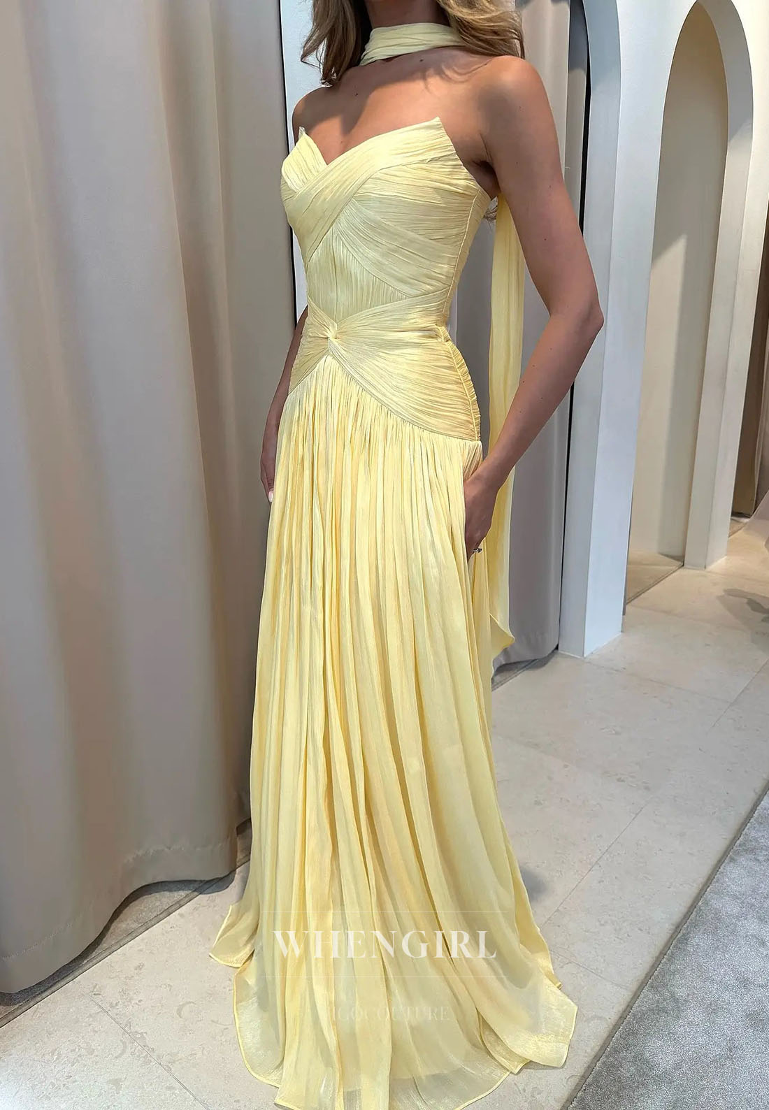 Strapless Ruched Gown with Neck Scarf