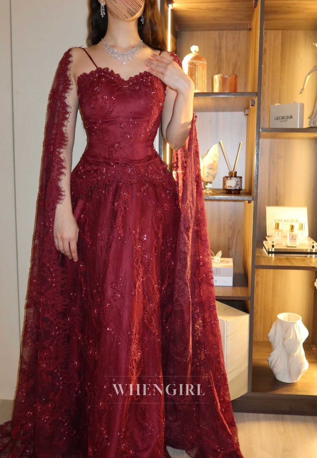 Sequined Lace Gown with Shoulder Cape Drape