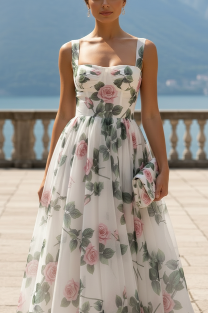 Romantic Floral Organza A-Line Midi Dress