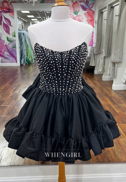 Strapless Pearl Corset Ruffled Mini Dress