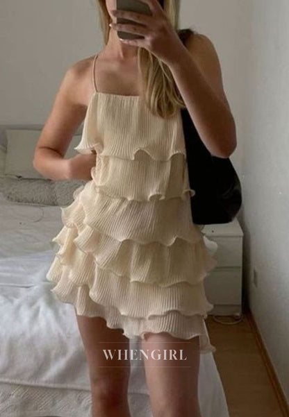 Tiered Ruffle Mini Dress with Square Neck Spaghetti Straps